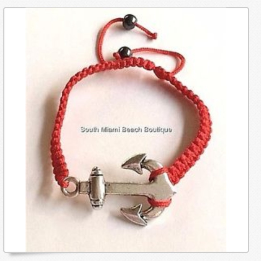 Silver Nautical Boat Anchor Bracelet Red Rope